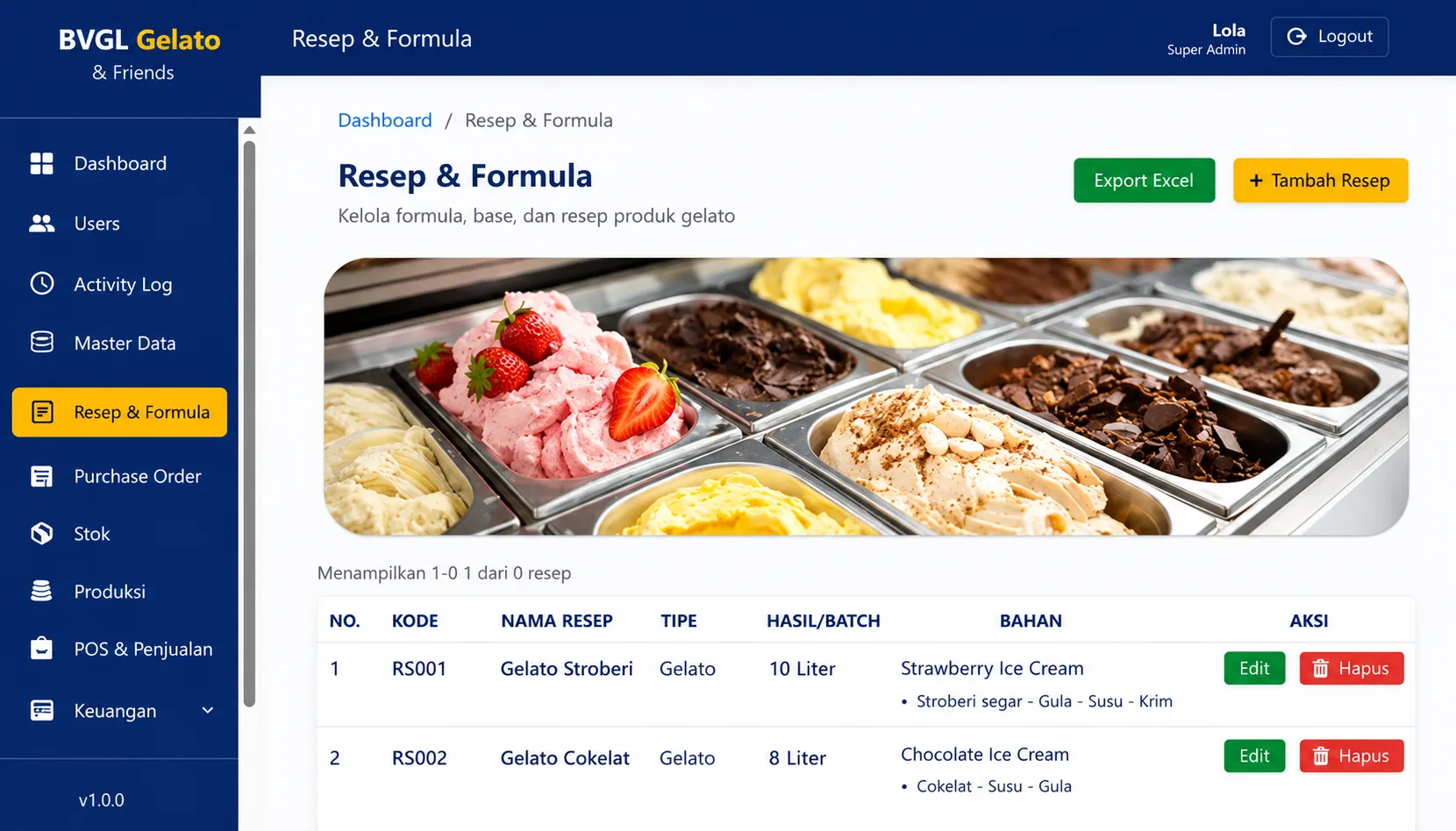 BVGL Gelato ERP dashboard