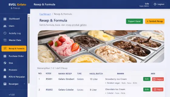 Sistem POS dan produksi BVGL Gelato dengan kalkulasi HPP otomatis oleh Hexa Teknologi Kreasindo