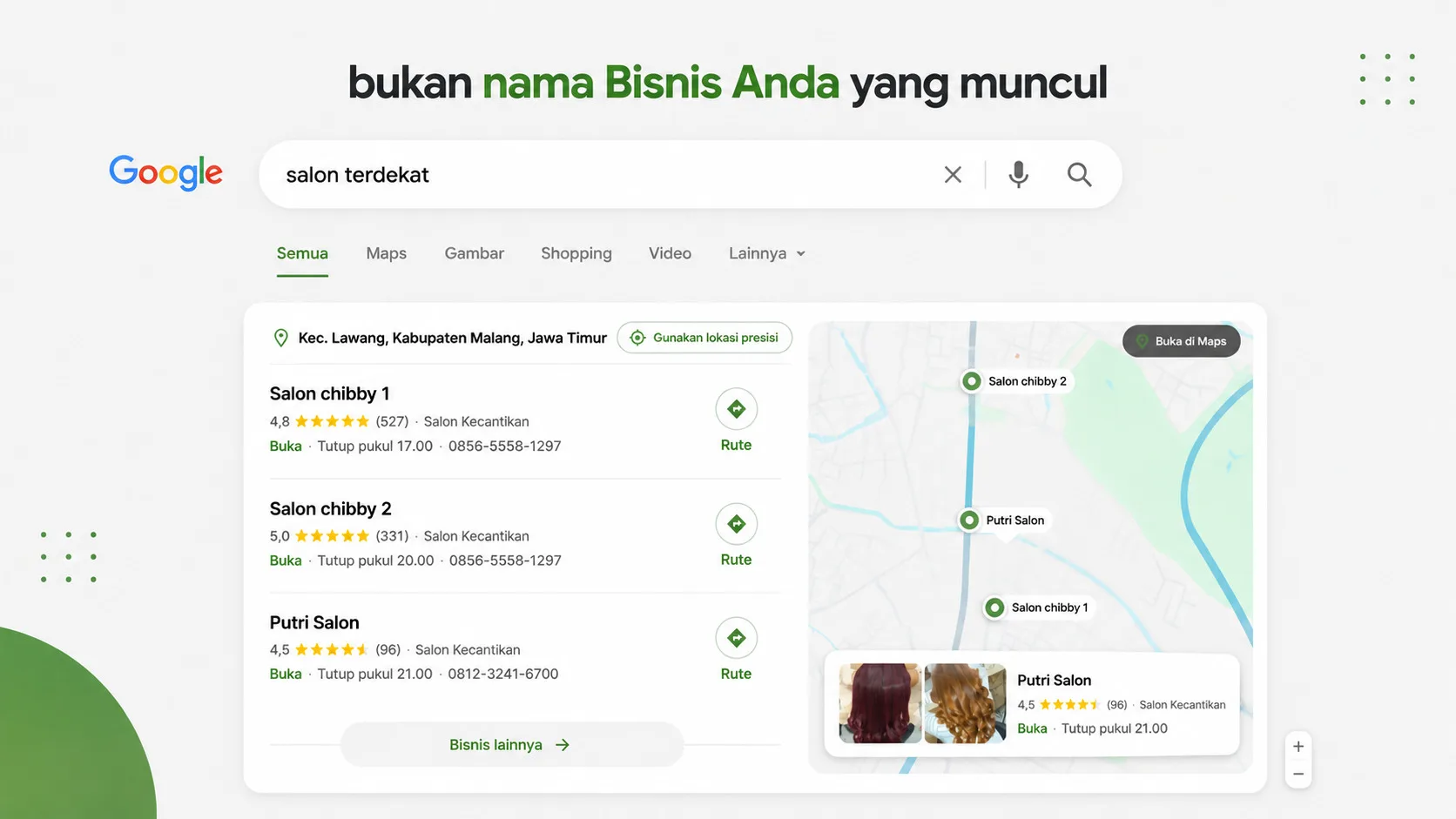 Hasil pencarian Google 'salon terdekat' di desktop: map pack menampilkan tiga bisnis beserta peta, sisanya tersembunyi di balik tautan Bisnis lainnya