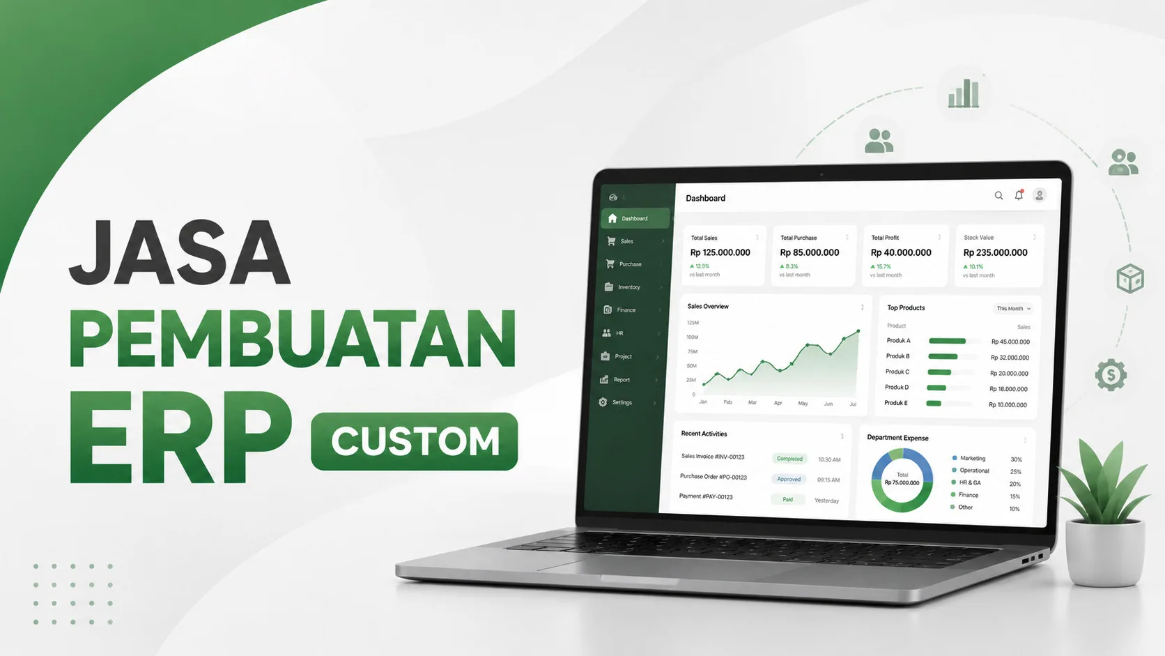 Dashboard ERP custom buatan Hexa (stok, produksi, keuangan)