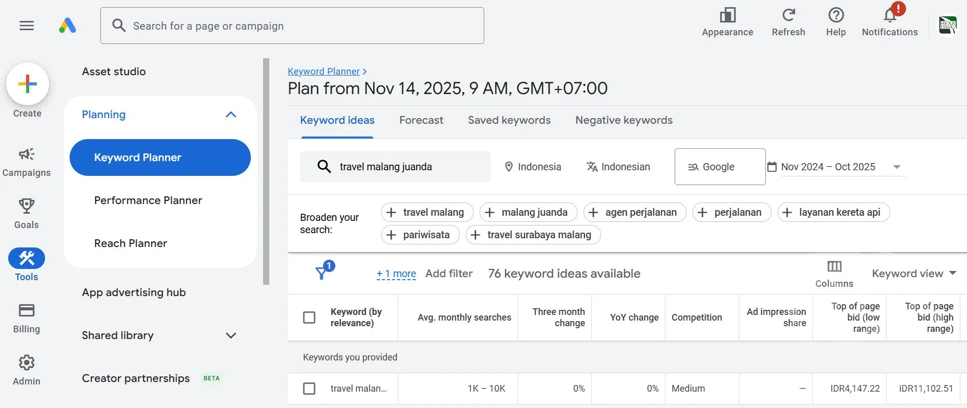 proses riset keyword utama dalam strategi konten SEO menggunakan google ads keyword planner